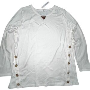 Dearcase Womens XL White Long Sleeve Tunic Top Elbow Patches Button Side Slit